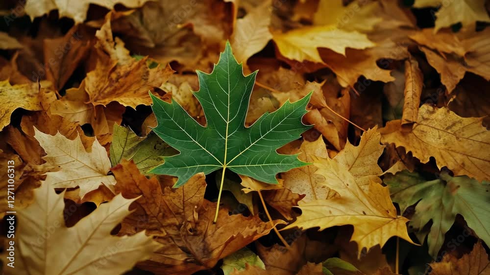 Bright green maple leaf stands out among autumn foliage on forest floor during fall season Bright green maple leaf stands out among autumn foliage on forest floor during fall season