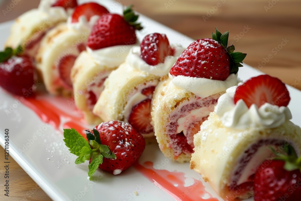 Strawberry cream cake roll on wooden board. AI image Strawberry cream cake roll on wooden board. AI image
