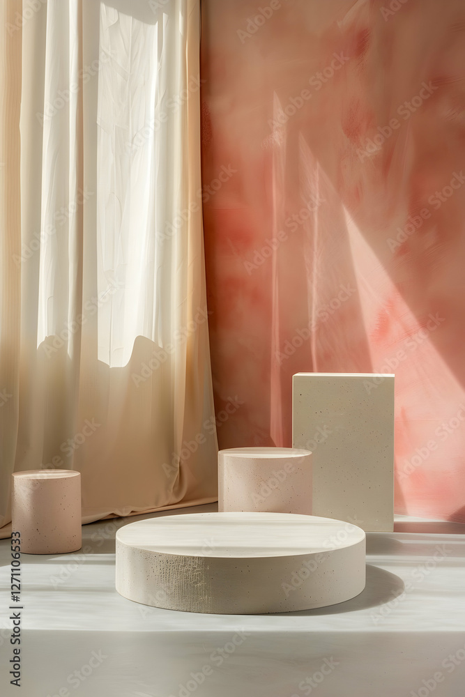Minimalist interior with soft pink tones featuring geometric shapes and natural light Minimalist interior with soft pink tones featuring geometric shapes and natural light