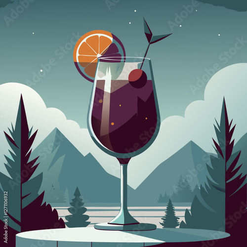 Stylized Aperol Spritz Cocktail with Orange Garnish in Mountain Landscape