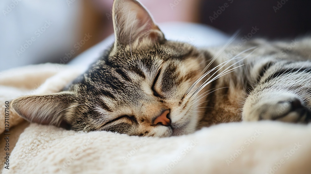 Content tabby cat sleeping peacefully on a soft blanket exudes warmth and comfort in a cozy living space : Generative AI Content tabby cat sleeping peacefully on a soft blanket exudes warmth and comfort in a cozy living space : Generative AI