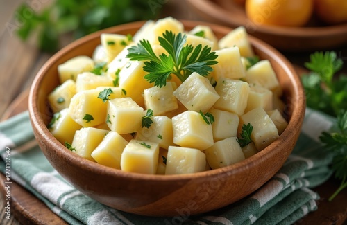 Creamy potato salad with herbs, greens in wooden bowl. Diced potatoes mixed with tasty dressing, garnished parsley. Side dish for picnic, summer party. Appetizing homemade recipe.
