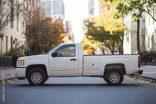 white pickup truck parked on urban street with autumn trees