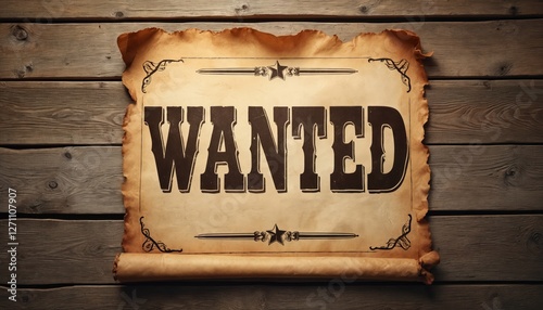 Vintage wild west style brown paper scroll with WANTED text on grunge wooden wall. Old fashioned antique retro poster with western font, engravings. Law enforcement concept. Empty blank for