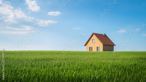 Wallpaper Mural house in middle of large field of green grass under blue sky. serene landscape evokes sense of peace and tranquility Torontodigital.ca