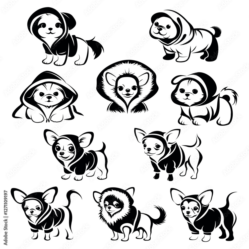 Fototapeta premium set of black vector icons of chihuahua dog in clothes