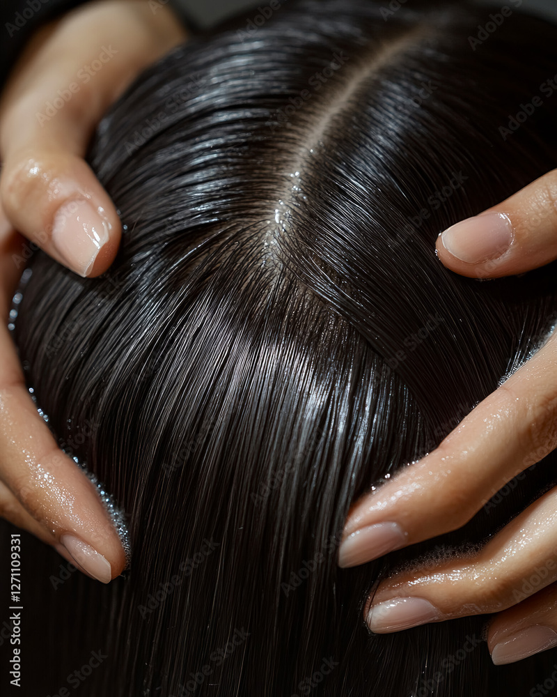 Fototapeta premium Hands skillfully applying shampoo to luxurious dark brown hair with gray highlights in a serene salon atmosphere under soft natural light, showcasing the beauty of hair care rituals