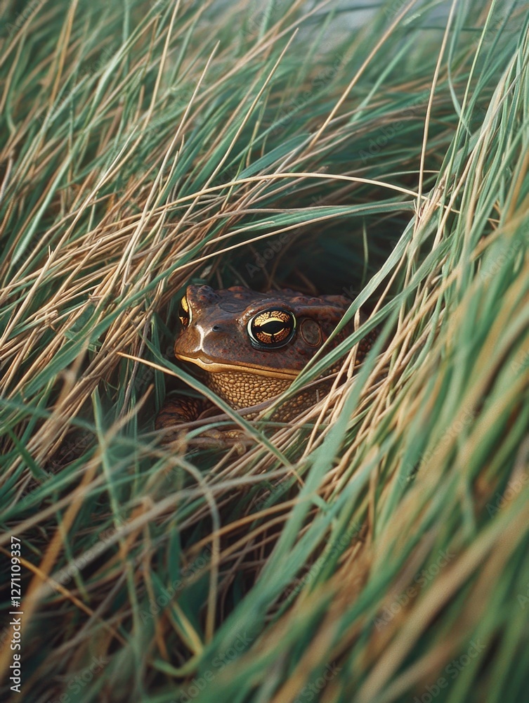 Obraz premium A small brown frog peeking out from tall grass.