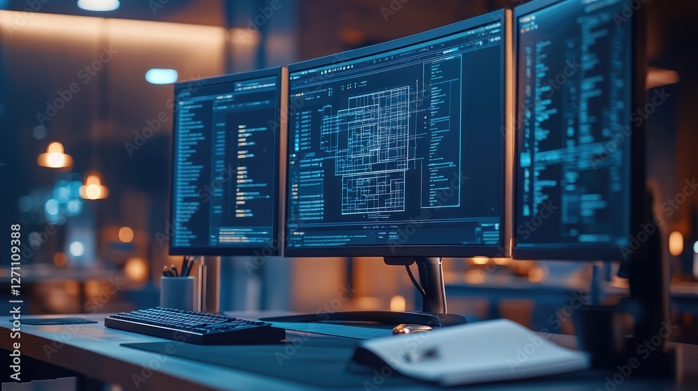 Night office, programmer coding, triple monitor setup, blurred background, software development Night office, programmer coding, triple monitor setup, blurred background, software development