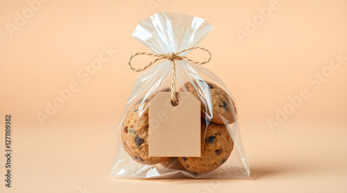 Delicious cookies wrapped in cellophane bag with blank label for your text