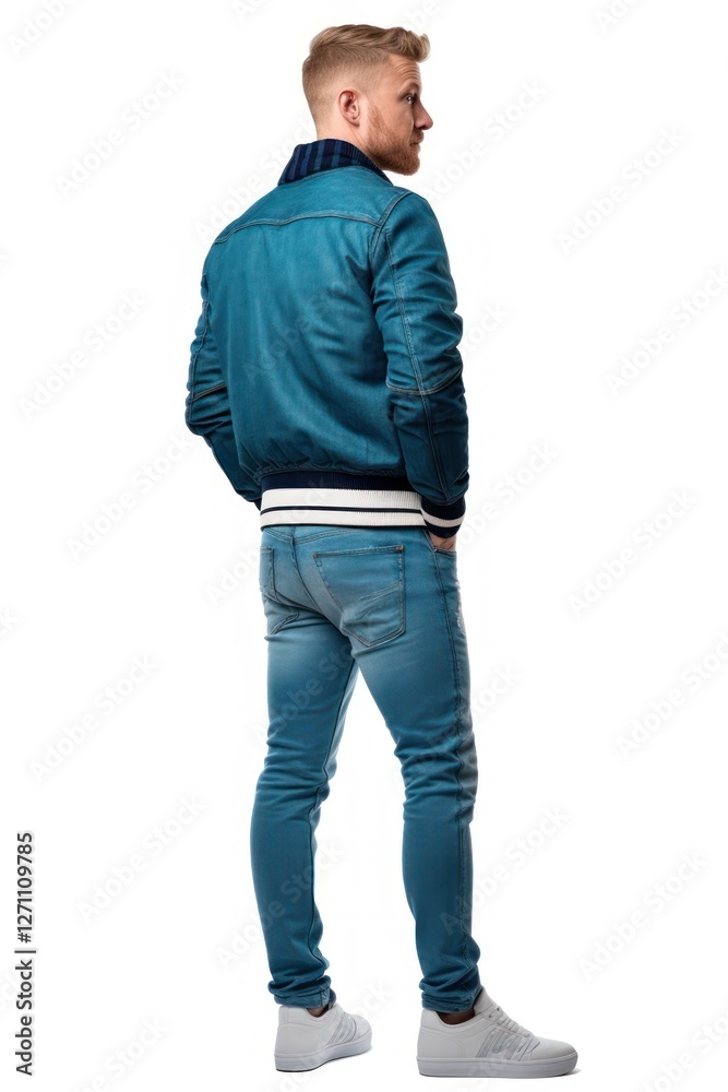 A man in jeans looking up on a white background isolation back view sweatshirt standing jacket. A man in jeans looking up on a white background isolation back view sweatshirt standing jacket.