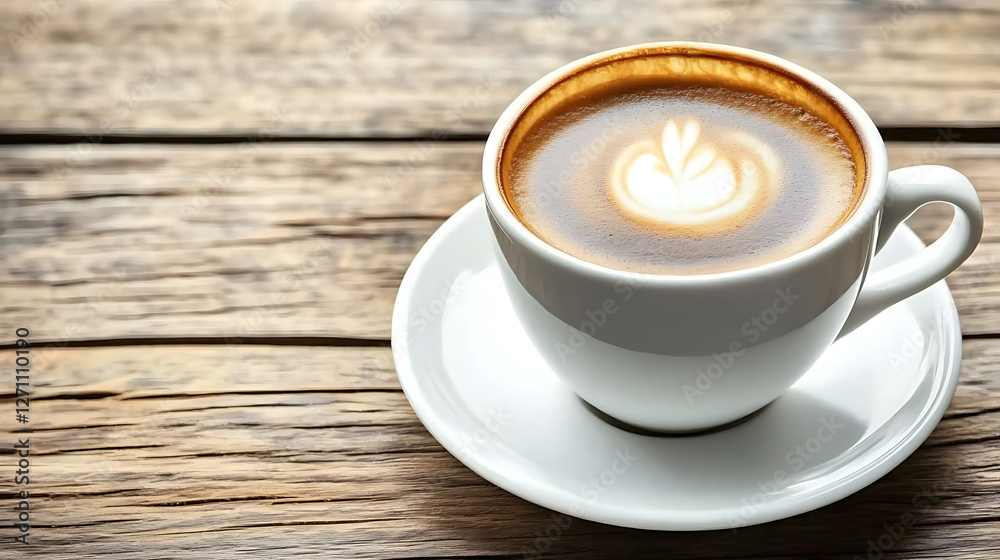Latte art in a white cup presented on a saucer and weathered wooden surface. Latte art in a white cup presented on a saucer and weathered wooden surface.