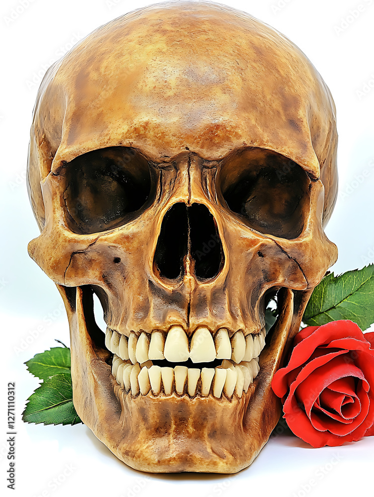 Obraz premium A human skull with aged bone texture contrasted by a vibrant red rose against a stark white background.