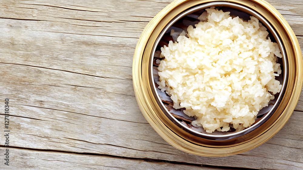 Steamed rice served in a bamboo steamer basket displayed against a rustic wooden surface. Steamed rice served in a bamboo steamer basket displayed against a rustic wooden surface.