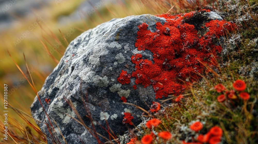 A rocky surface covered in vibrant red and green moss A rocky surface covered in vibrant red and green moss