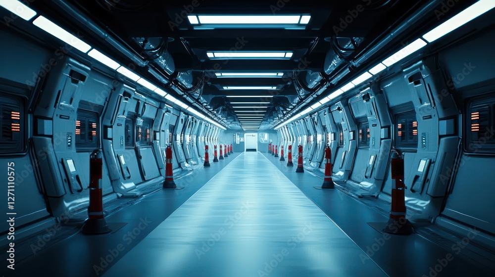 Obraz premium Futuristic Spaceship Corridor Interior: Long Blue and White Metal Hallway with Red Fire Extinguishers