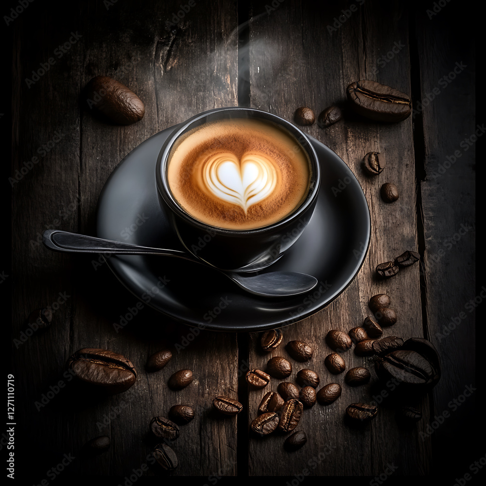 Steaming cup of latte art in a dark mug with scattered coffee beans on a rustic wooden surface. Steaming cup of latte art in a dark mug with scattered coffee beans on a rustic wooden surface.