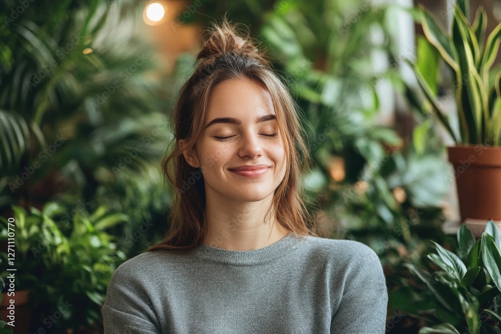 Meditation pose with potted plant, ideal for wellness and nature-themed projects Meditation pose with potted plant, ideal for wellness and nature-themed projects