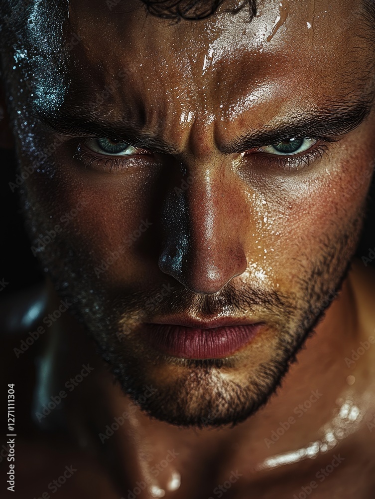 Obraz premium Intense Gaze of a Sweating Man - Close-up portrait, strength, determination, sweat, masculinity. Symbolizing power, resilience, effort, grit, and intensity