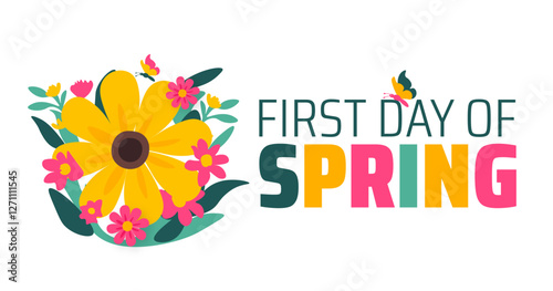 First Day of Spring flower background banner or poster design template. observed every year in  March. Holiday concept. Use to any Template, card, poster, placard, template.