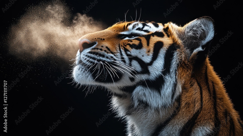 Naklejka premium Tiger Exhaling Dust, Dark Background