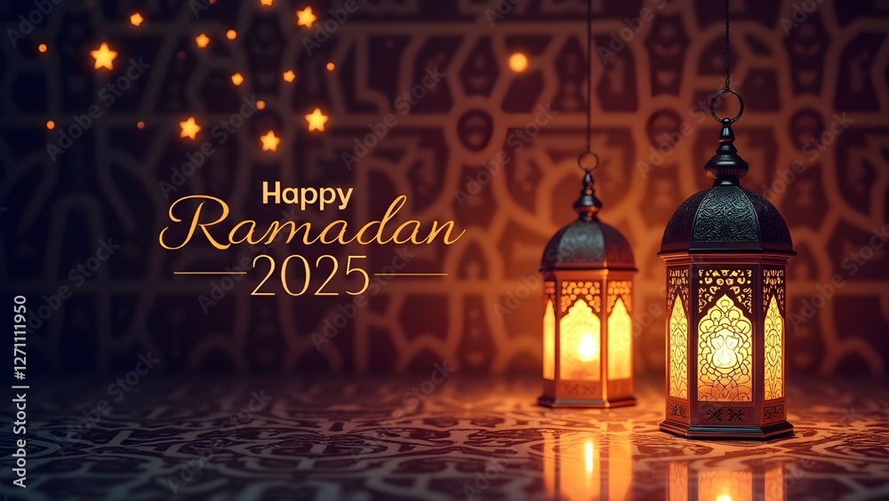 Fototapeta premium A warm and inviting scene showcasing Happy Ramadan 2025 with two illuminated traditional Ramadan lanterns.