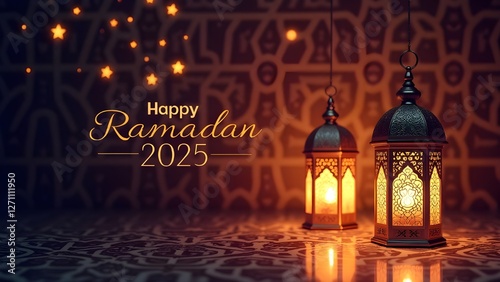 A warm and inviting scene showcasing Happy Ramadan 2025 with two illuminated traditional Ramadan lanterns.