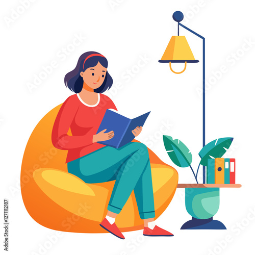 A woman is immersed in a book while seated on a vibrant bean bag. She holds a cup of chai, surrounded by a cozy atmosphere created by a nearby lamp and plants