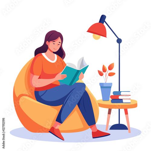 In a tranquil setting, a woman is deeply engaged in reading a book on a comfy bean bag. A soft lamp lights the space, and a cup of chai is placed nearby, creating a cozy atmosphere