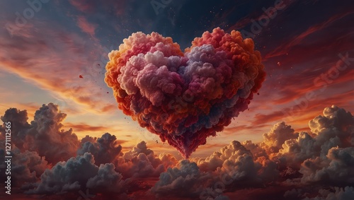 A vibrant abstract cloud heart, swirling with passionate shades of red, magenta, and gold, floating gracefully in a dreamy sky