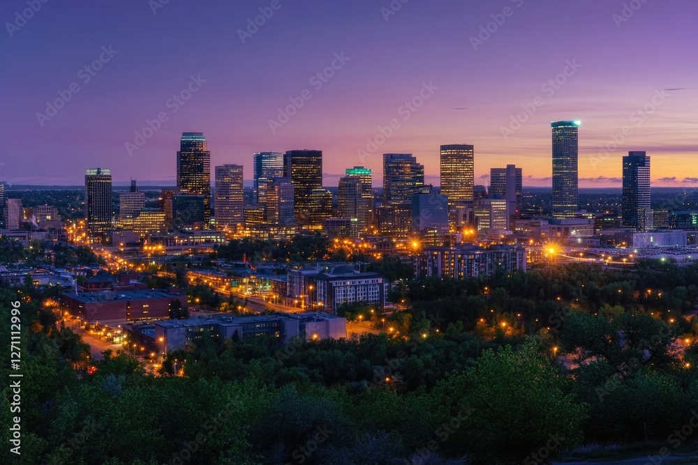 Fototapeta premium Urban landscape with buildings and streets lit up at night from a hilltop vantage point