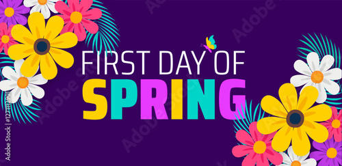 First Day of Spring flower background banner or poster design template. observed every year in  March. Holiday concept. Use to any Template, card, poster, placard, template.