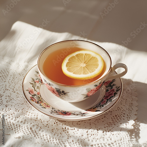 Tea Time: A delicate cup of tea with a lemon slice, bathed in soft sunlight on a lacy tablecloth.
