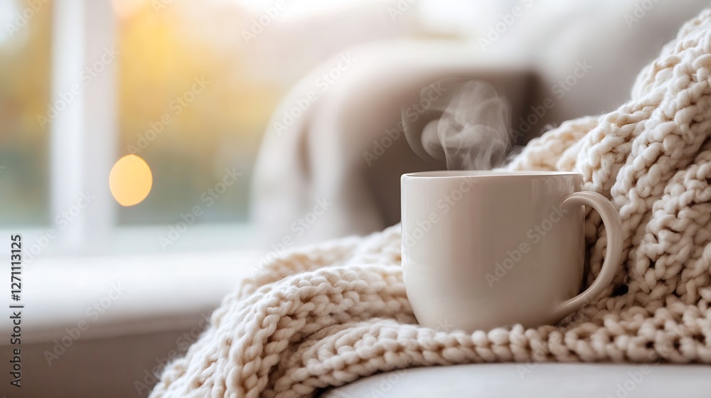 A steaming cup of coffee placed on a cozy blanket with sunlight streaming through a window : Generative AI A steaming cup of coffee placed on a cozy blanket with sunlight streaming through a window : Generative AI