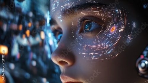 Child with Futuristic Interface Overlay - Close-up of a child's face with a glowing interface projected onto their skin, suggesting a connection to technology