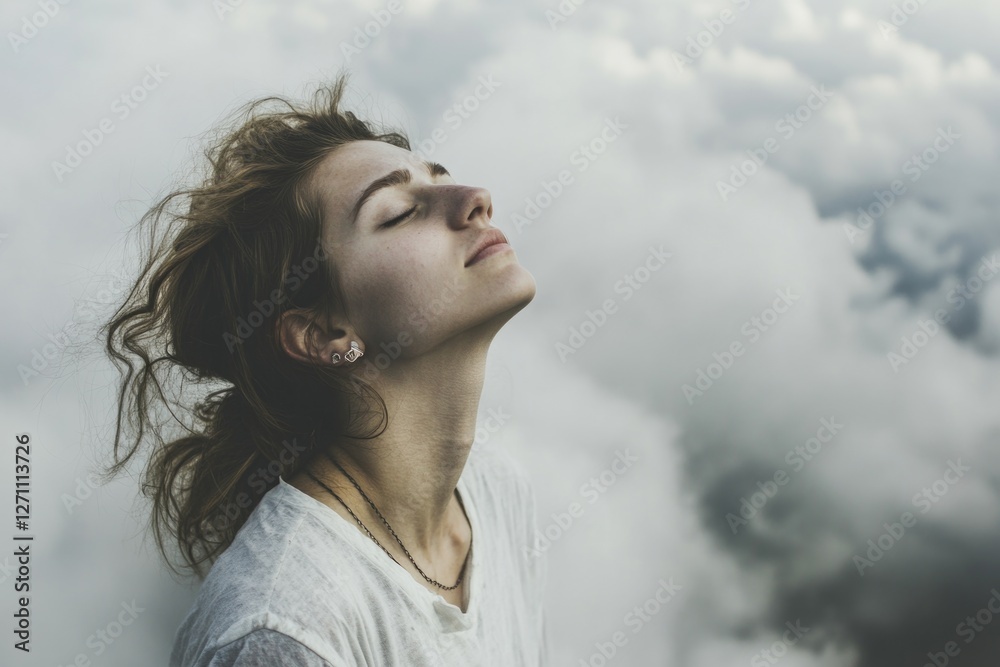 A woman with her eyes closed gazing upwards, possibly contemplating or seeking answers from above A woman with her eyes closed gazing upwards, possibly contemplating or seeking answers from above