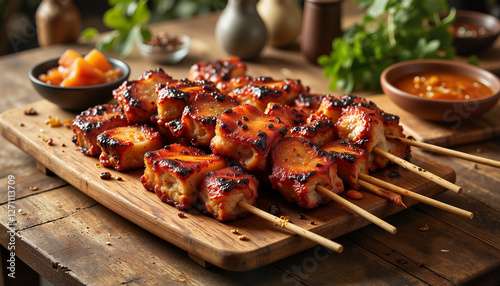 Beautifully plated Filipino tocino skewers on wooden board, brunch delight photo