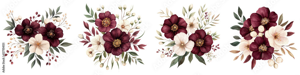 Obraz premium Elegant floral bouquet arrangements featuring a mix of burgundy peonies blush roses and delicate white blooms set against a serene background These lush