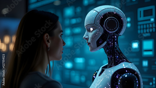 A photo of a person interacting with a sophisticated AI chatbot or virtual assistant, showcasing the advancements in AI language models and their ability to understand and respond to human language 