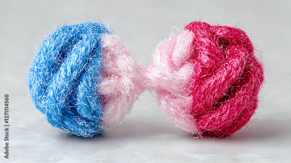 Fototapeta premium Two colorful yarn balls in blue and pink connected by a thread on a grey surface.