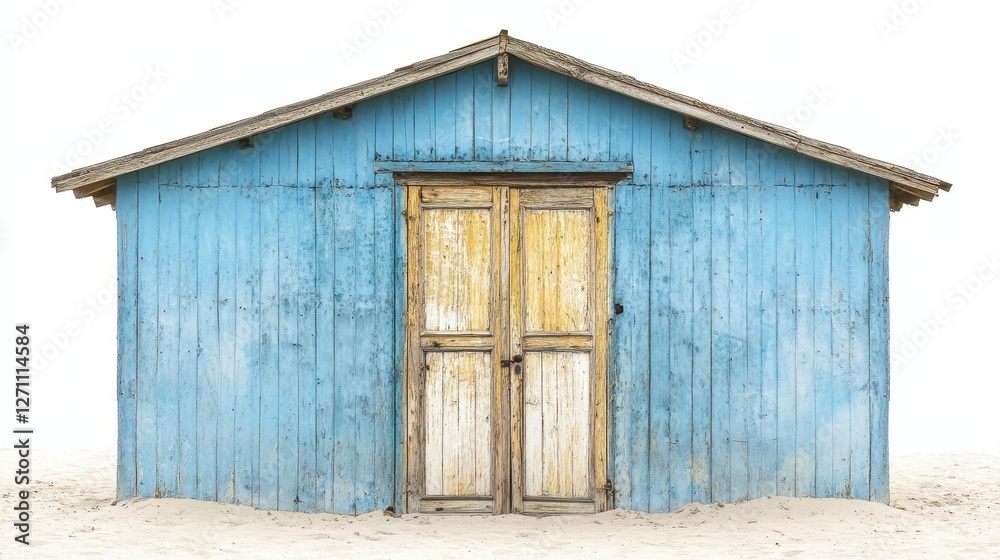 Weathered Blue Beach Shack with Rustic Wooden Doors and Sands Weathered Blue Beach Shack with Rustic Wooden Doors and Sands