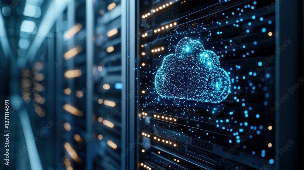 Obraz premium data processing system, Holographic cloud data processing visualization in server room