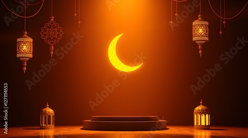 Ramadan Display: Illuminated Lanterns and Crescent Moon on a Wooden Platform