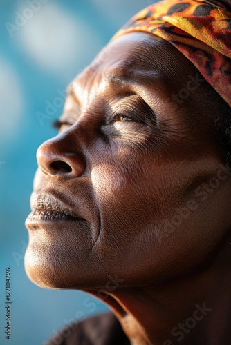 A person wearing a headscarf in a close-up shot photo