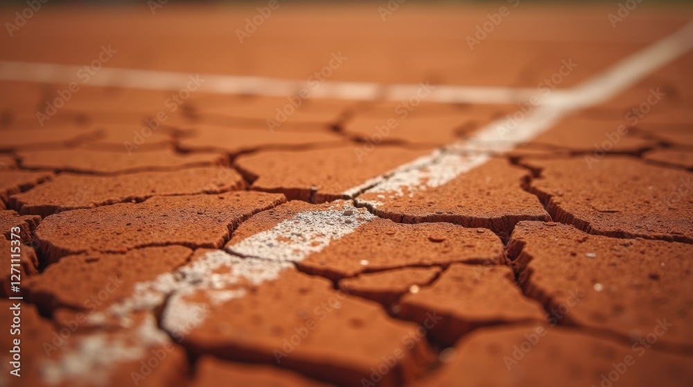 Obraz premium A close-up of a cracked clay surface with a white line, likely from a sports court, showcasing the effects of wear and dryness.