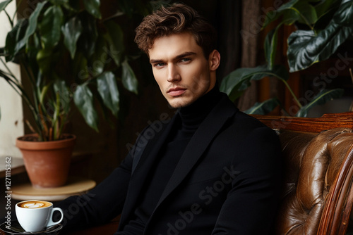 Man in black total look sits in stylish interior with cup of coffee photo