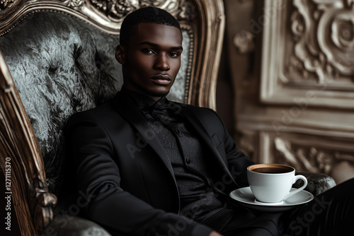 Man in black total look sits in stylish interior with cup of coffee photo