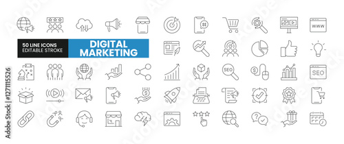 Set of 50 Digital Marketing line icons set. Digital Marketing outline icons with editable stroke collection. Includes SEO, Email Marketing, E-Commerce, Customers, Social Media, and More.