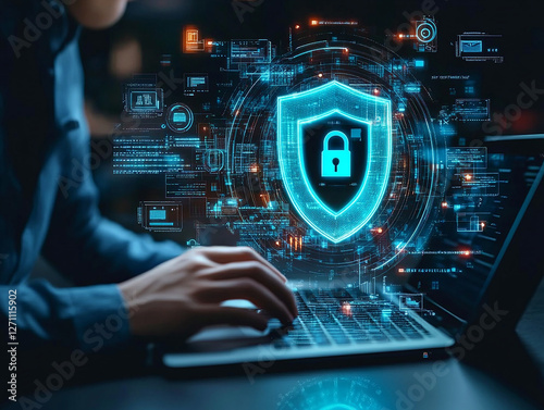 A professional working on cyber security measures to enhance data protection implementing digital security strategies for online safety and boosting information security with network security 