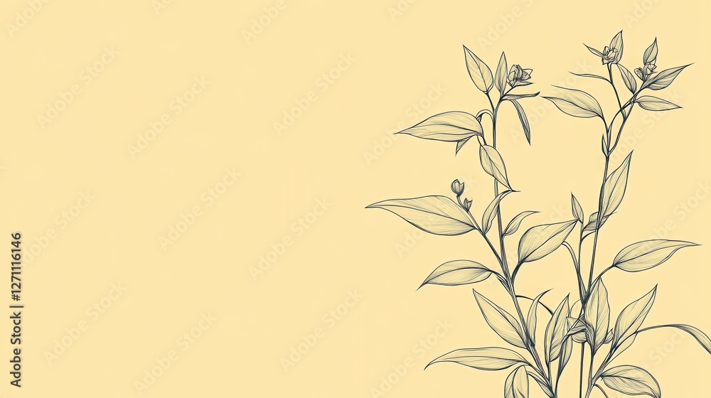 Naklejka premium Elegant Line Drawing Of Blooming Branch With Leaves